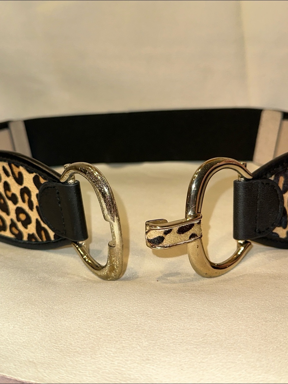Chico's Leopard-Print Calf Leather Belt with Gold Double Ring Interlock Buckle S - Picture 5 of 9